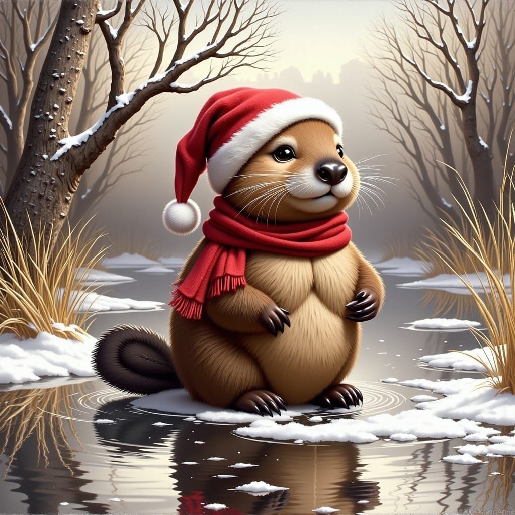 Charming Winter Beaver in Christmas Regalia Amidst Snowy Lan...