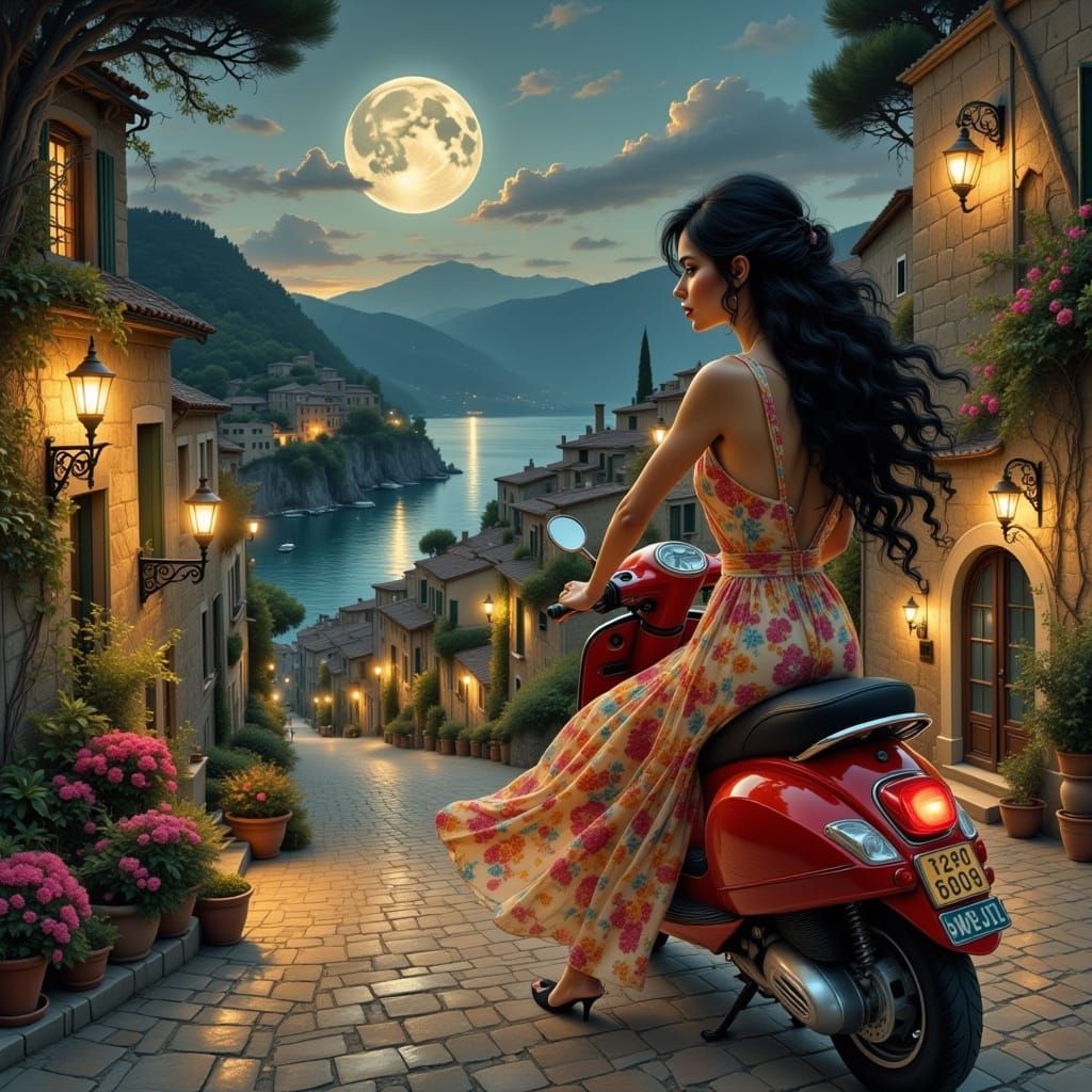 Italian Woman Riding Moped in Twilight Village