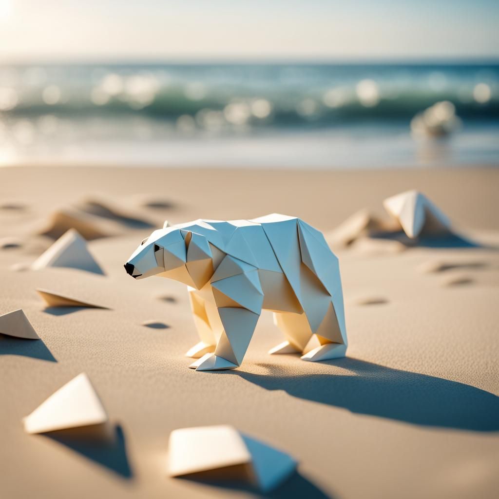 Polar Bear on Beach in Origami Style