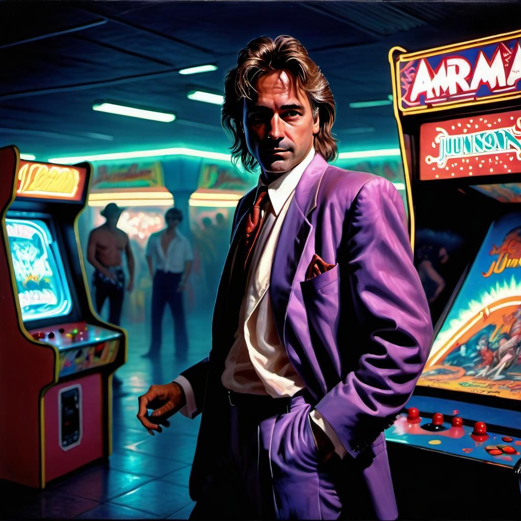 Don Johnson in 1987 Miami Arcade, Detailed Oil Painting
