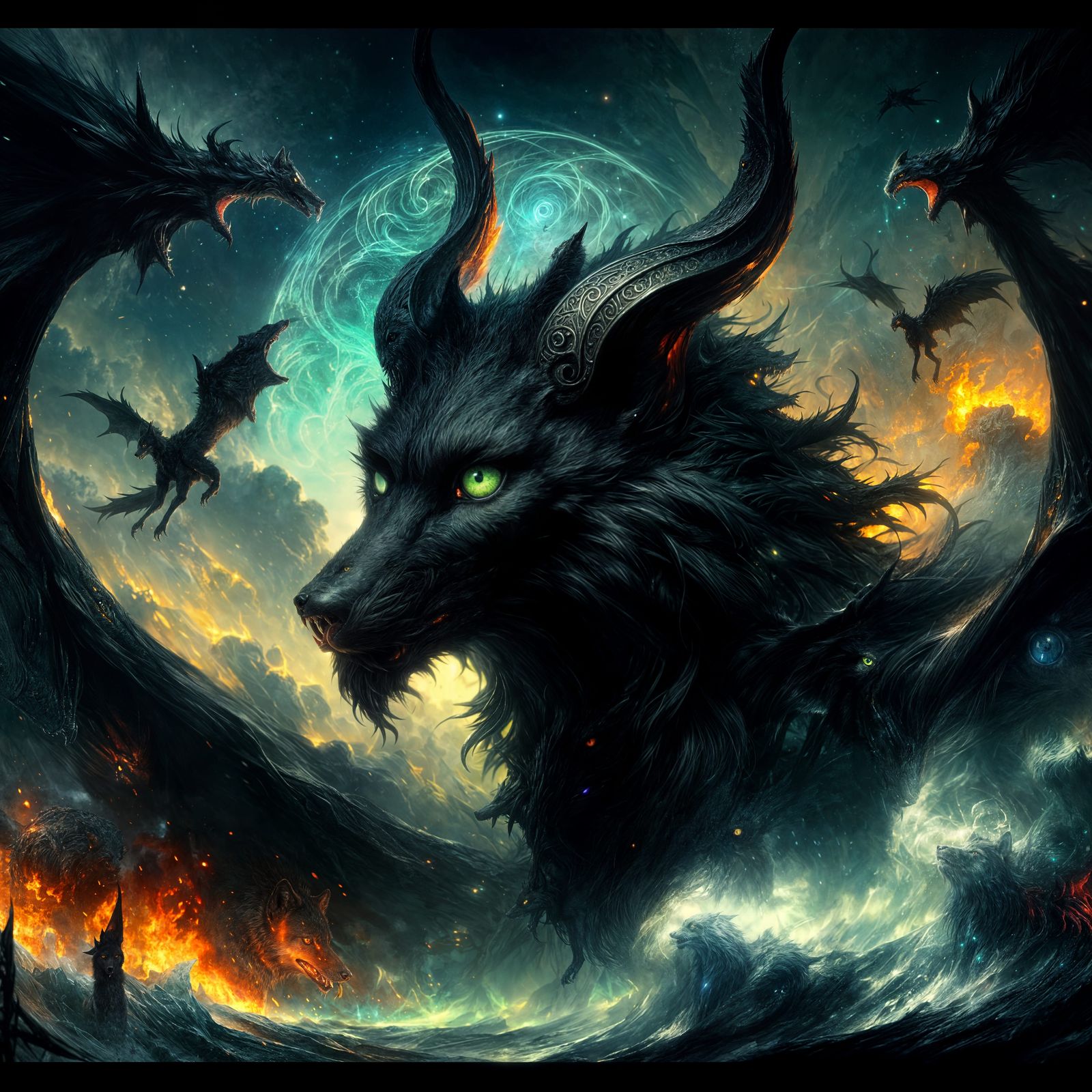 Otherworldly Black Demon Wolf with Green Eyes
