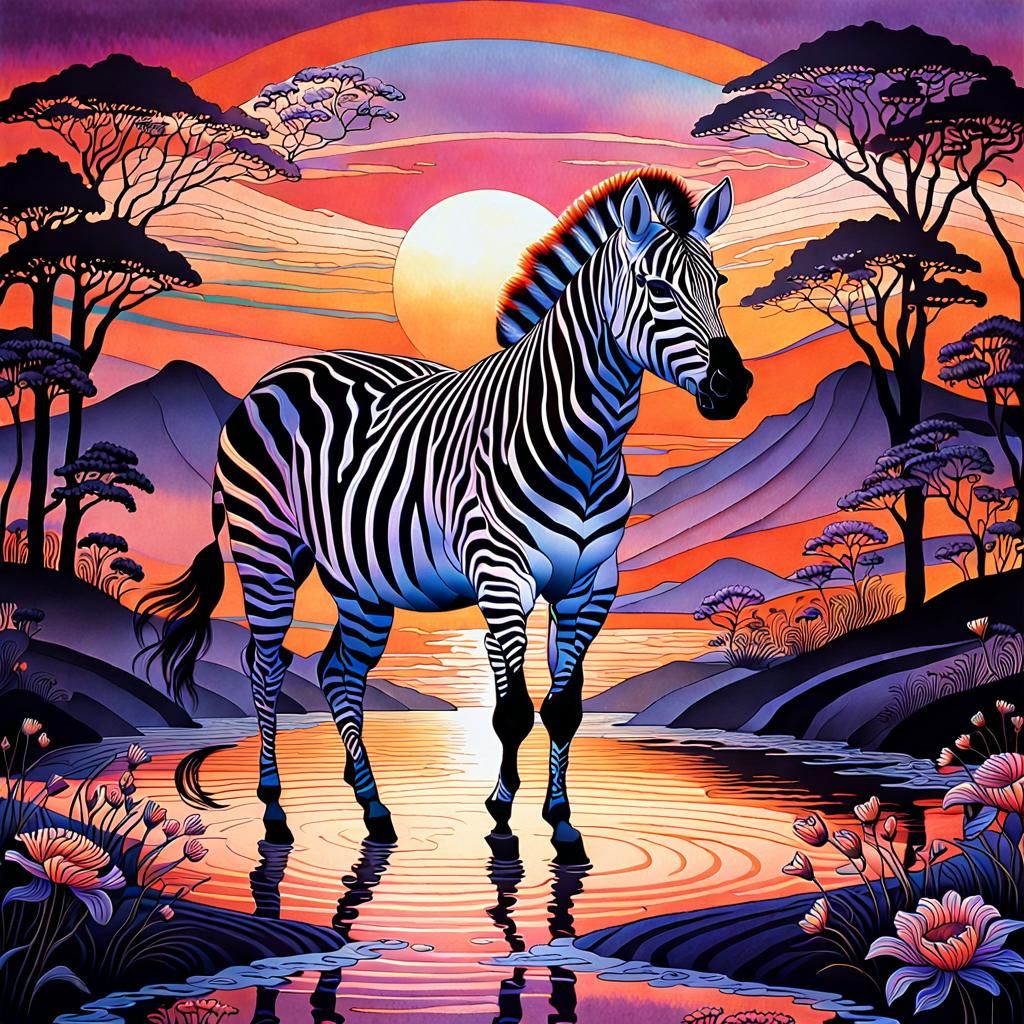 Zebra in Art Nouveau Sunset Garden