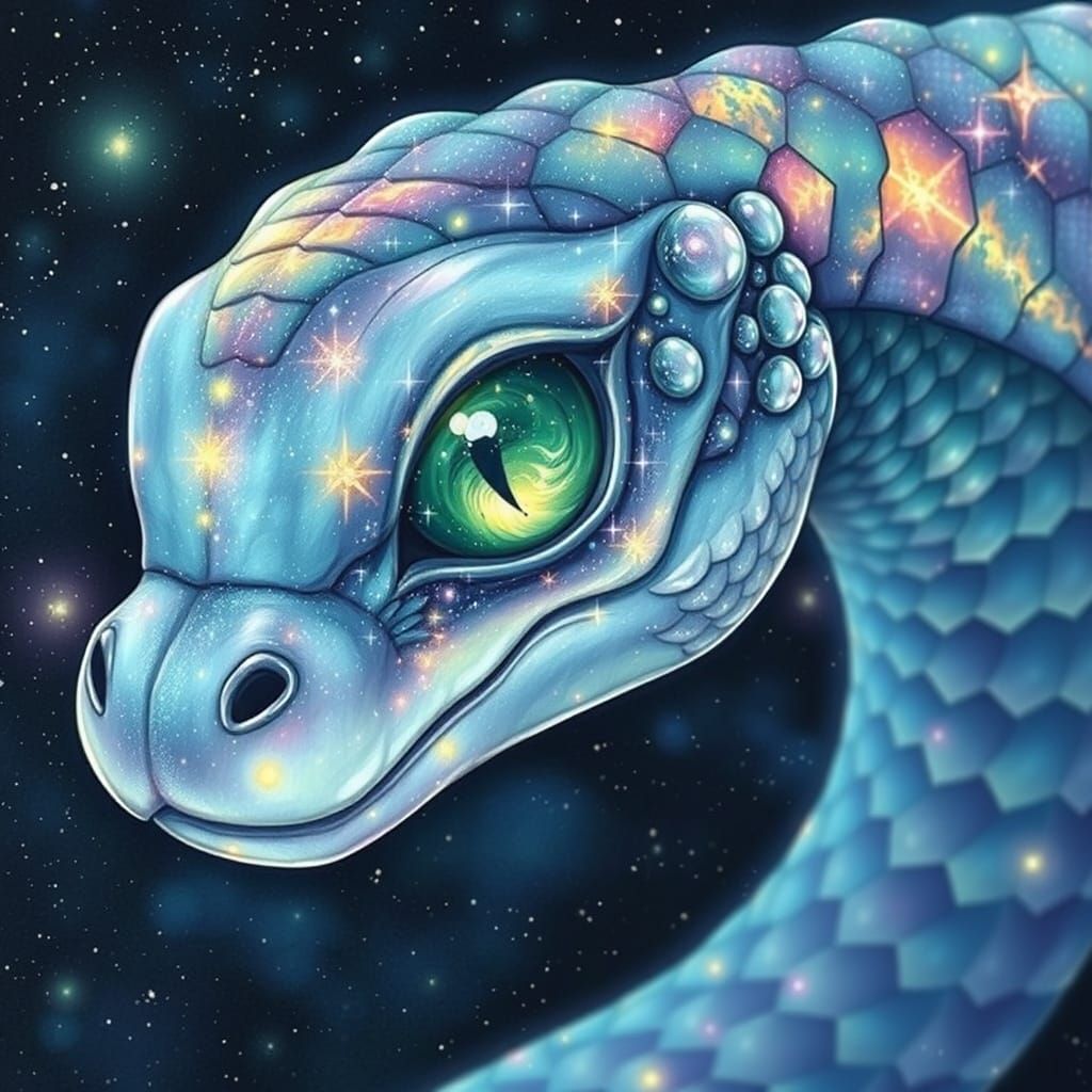 Cosmic Serpent with Galaxy-Filled Green Eyes in Iridescent S...