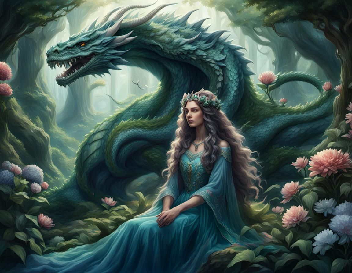 Enchanting Forest Scene with Woman and Dragon