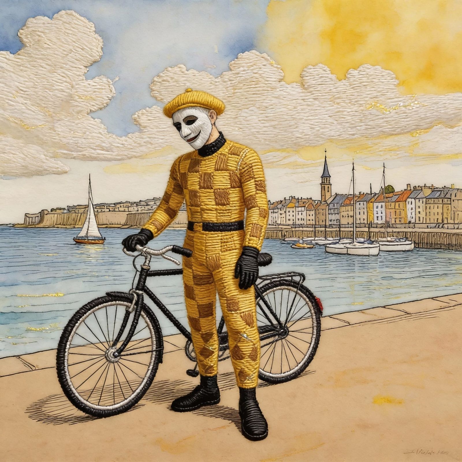 Figure in Checkered Costume with Bicycle at Saint Malo Harbo...