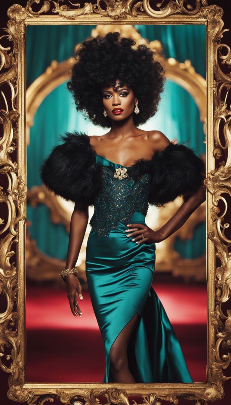 Glamorous Showgirl in Baroque Frame, Oil Painting Style