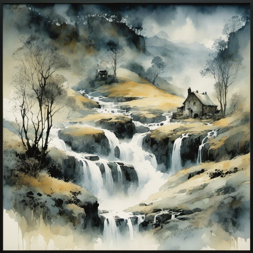 Foggy Valley Waterfall in Watercolor Style