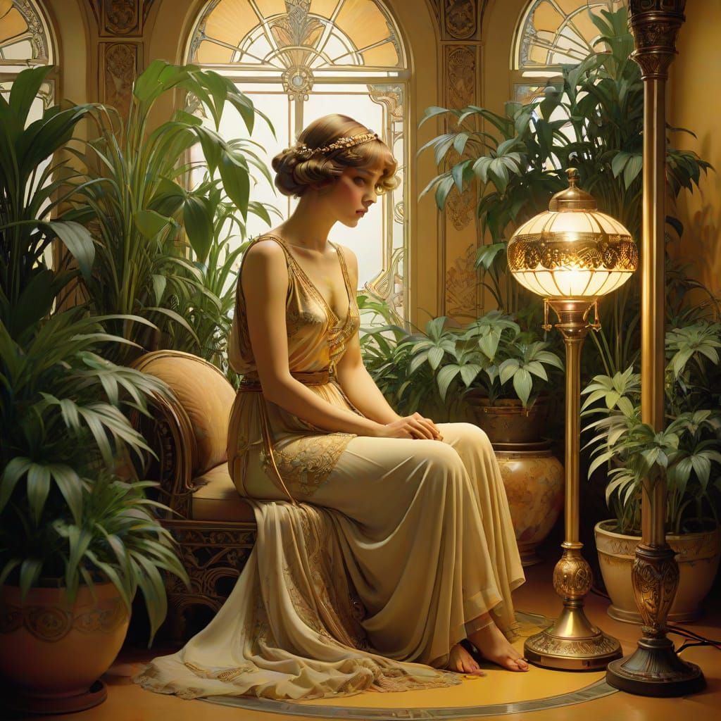 Art Deco Woman Admires Elegant Golden Floor Lamp