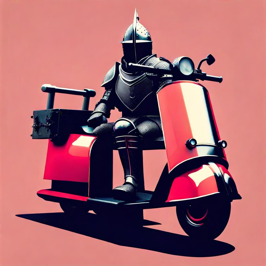Armored Knight Rides Scooter in Noir Style