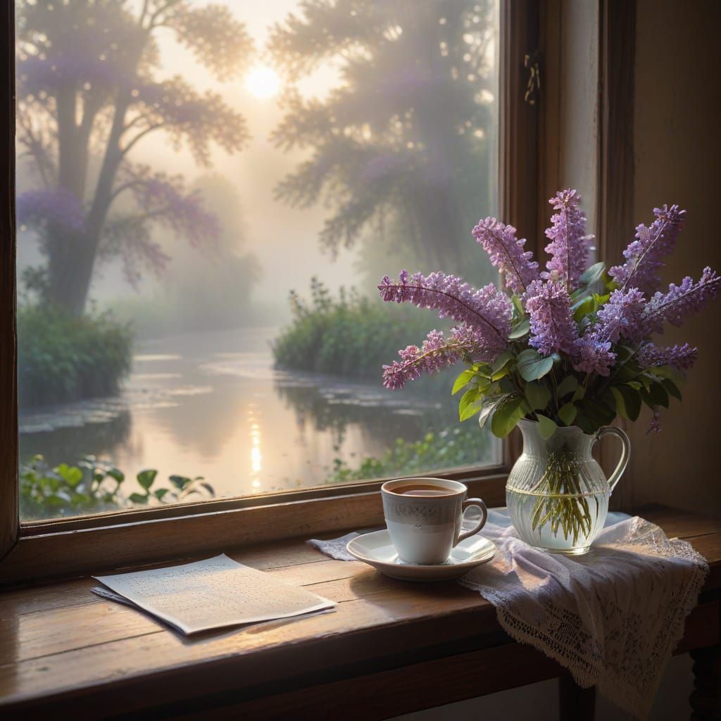 Acrylic Painting of a Window Sill with Letters and Lilacs