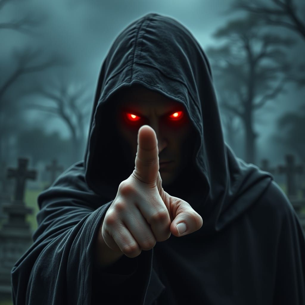 Glowing Eyes of the Ominous Figure in a Stormy Graveyard
