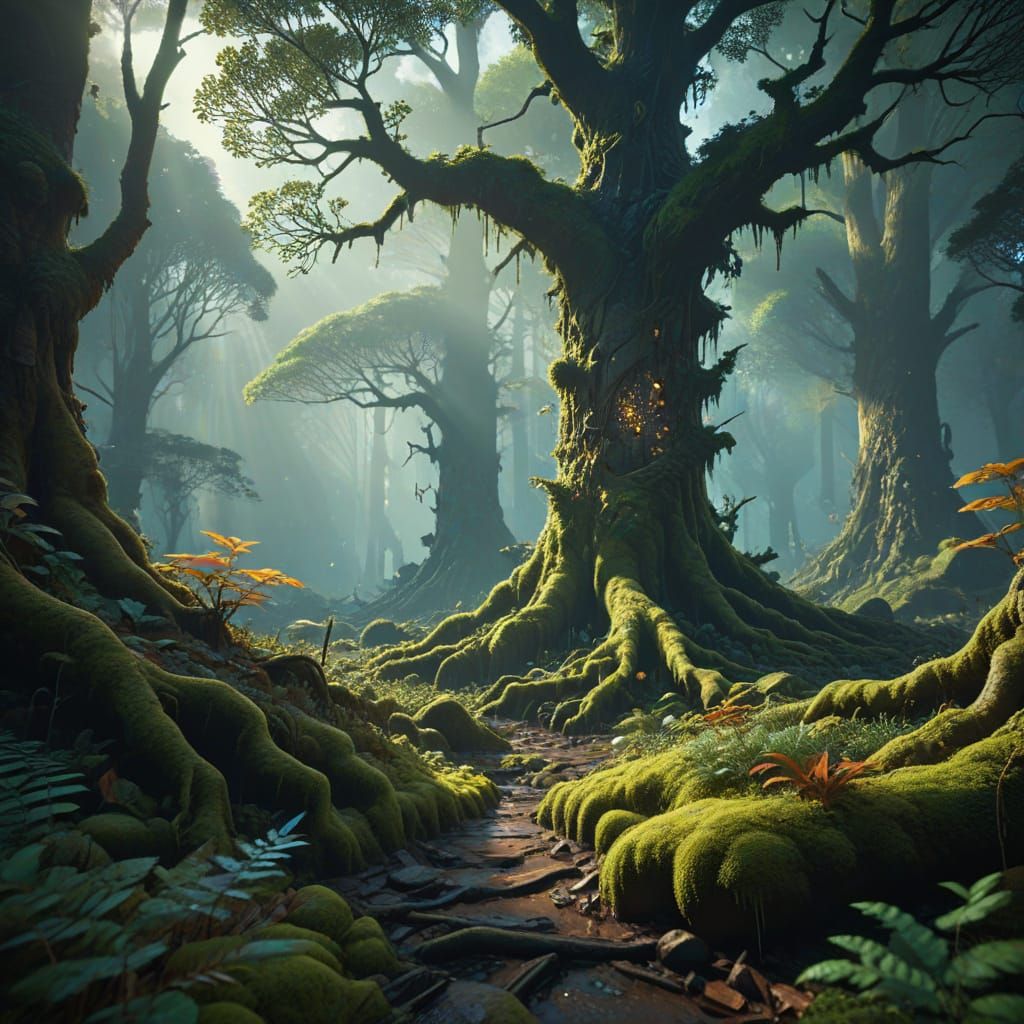 Vibrant Fantasy Forest Path with Fractal Leaves