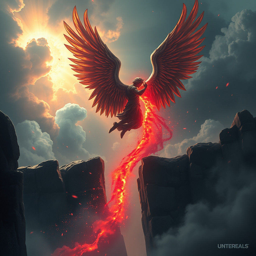 Fallen Angel Descending in Scarlet Sky