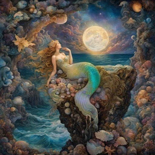 Marble Mermaid Dreamscape in Serigraphy Stipple Technique