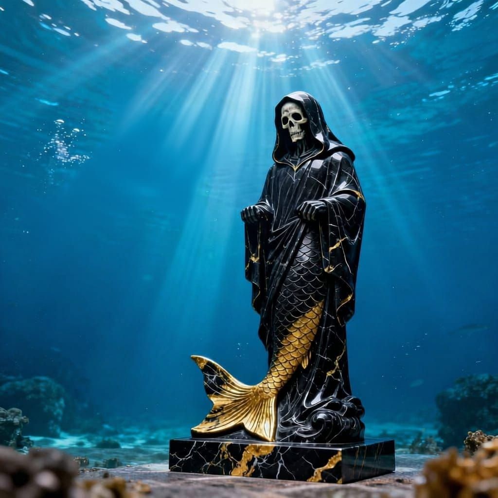 Hammerhead Shark Carves Marble Grim Reaper Underwater