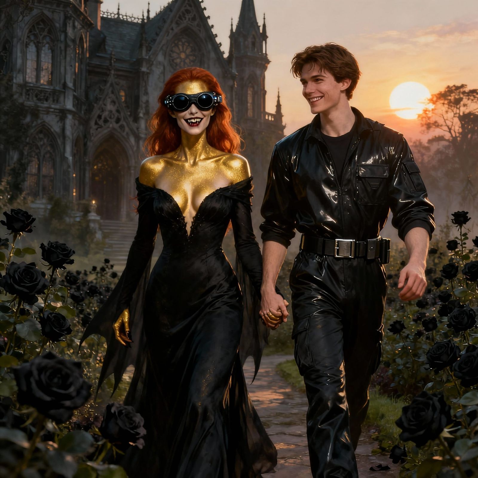 Vampire and Human Couple in Dawn Rose Garden