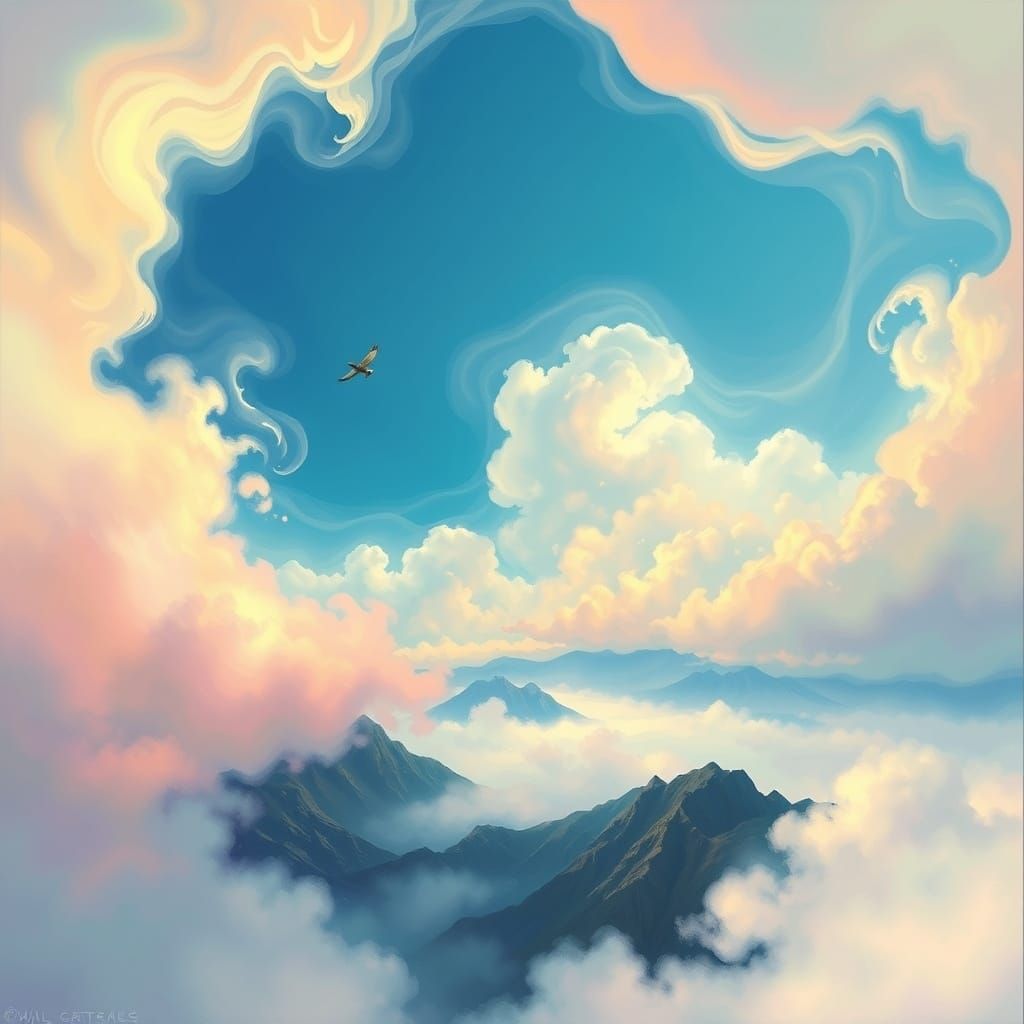 Dreamy, Ethereal Landscape with Swirling Clouds and Misty Mo...