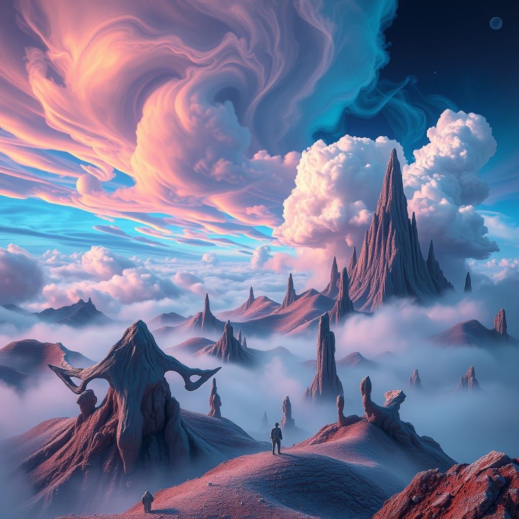 Dreamlike Landscape with Swirling Clouds and Iridescent Fog