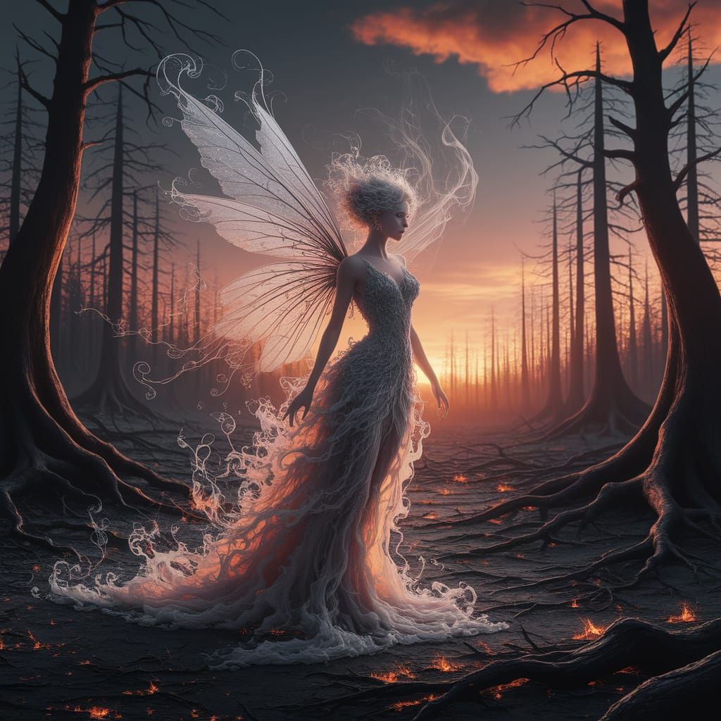 Ash Fairy in Charred Forest: Digital Art