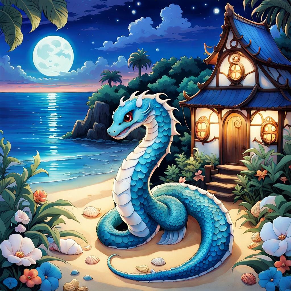 Amidst a tranquil beachside village, a gothic, chibi-inspired sea serpent basks in the soft glow of moonlight