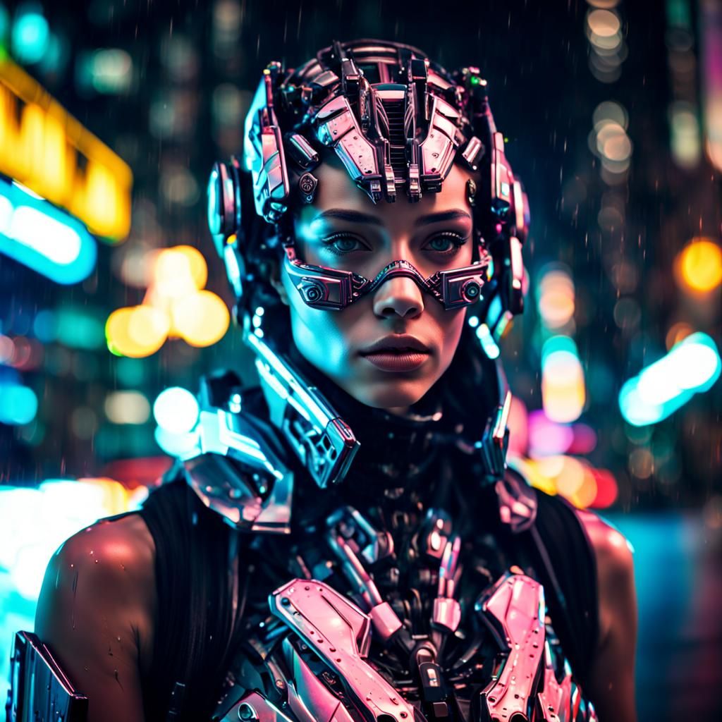 Cyborg Girl Portrait in Neon City, Hyperrealistic Style
