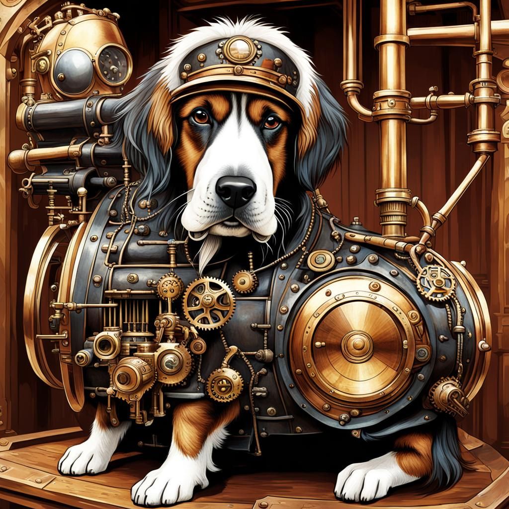 Dogs and Steampunk Engine Digital Rendering