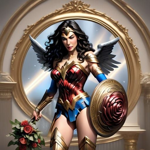 Wonder Woman as Archangel Holding a Rose in a Mirror