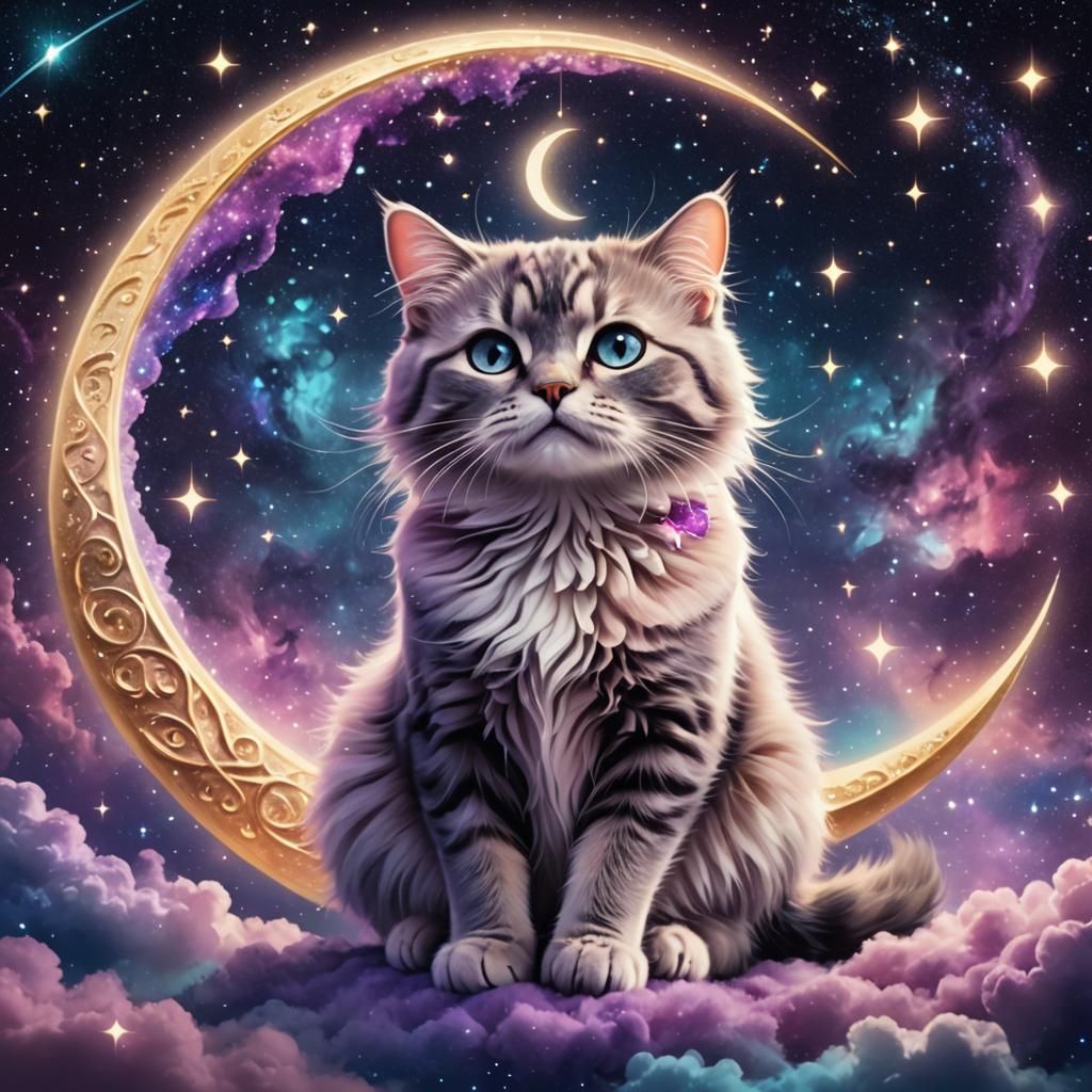 Magical Cat on Crescent Moon in Starry Galaxy