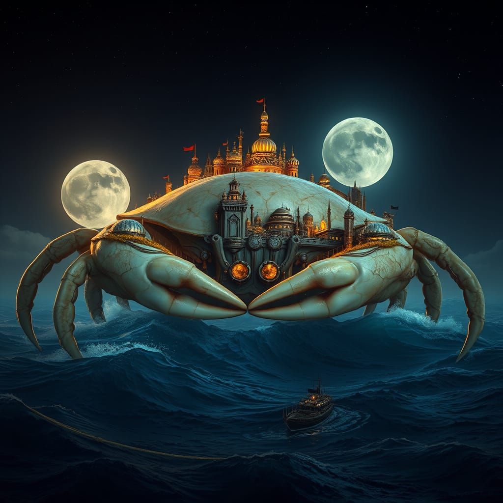 Colossal Crab City Crawls Across Moonlit Sea