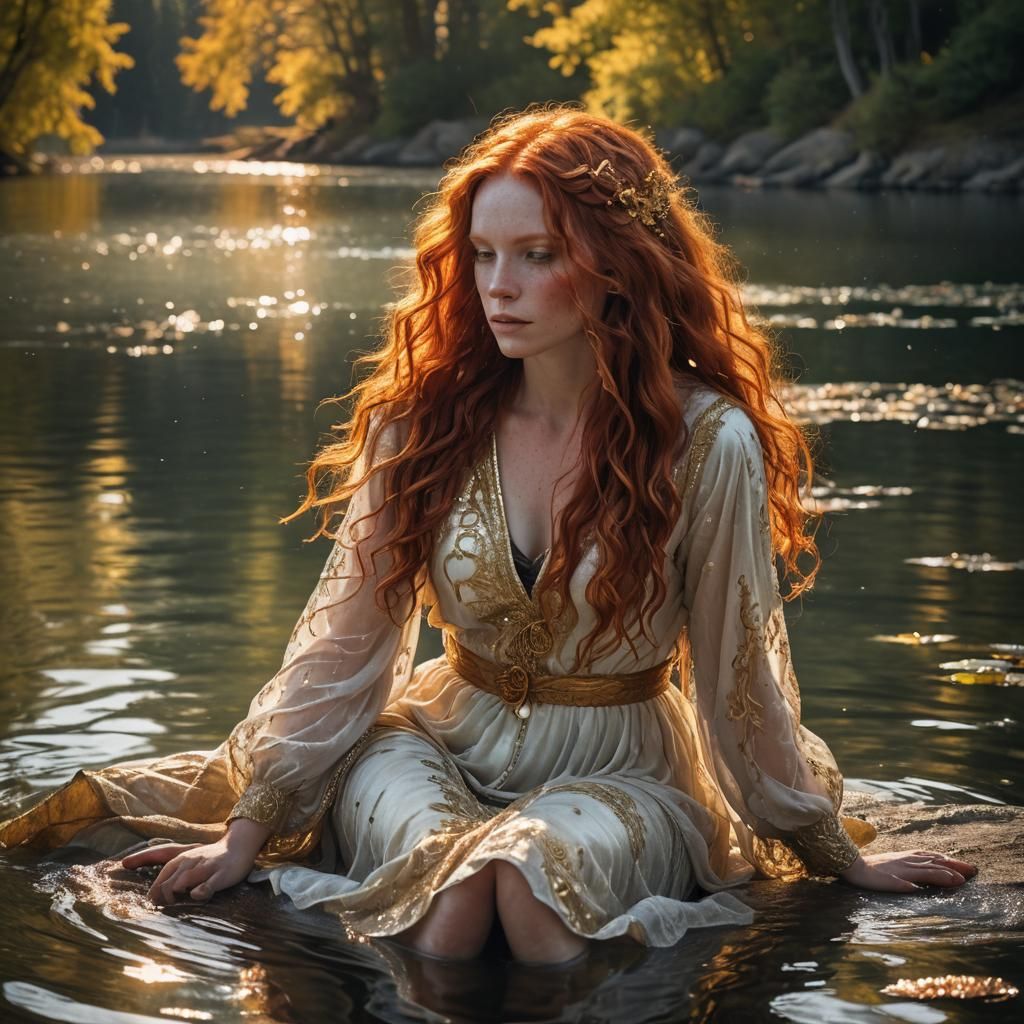 Red-Haired Goddess at Lakeside in Dramatic Lighting