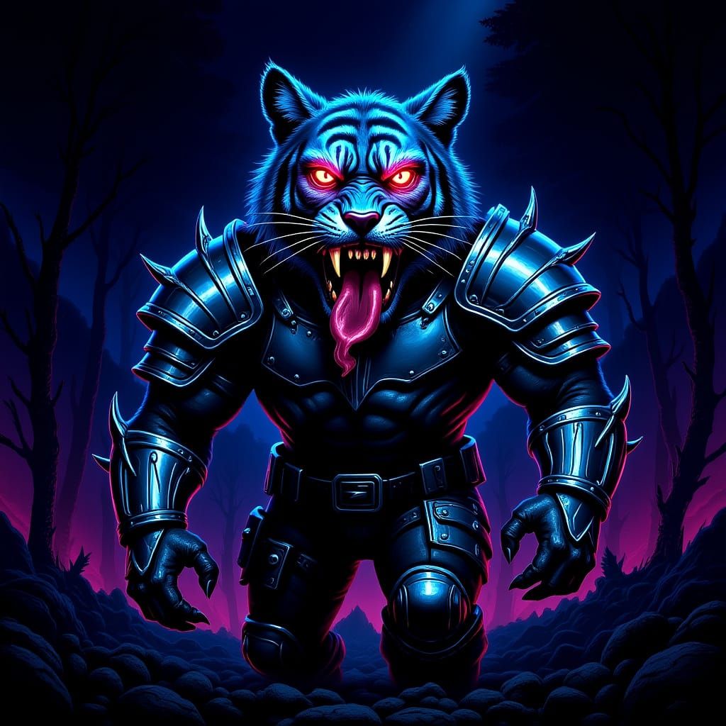 Bioluminescent Armored Tiger in Neon Jungle, Heavy Metal Sty...