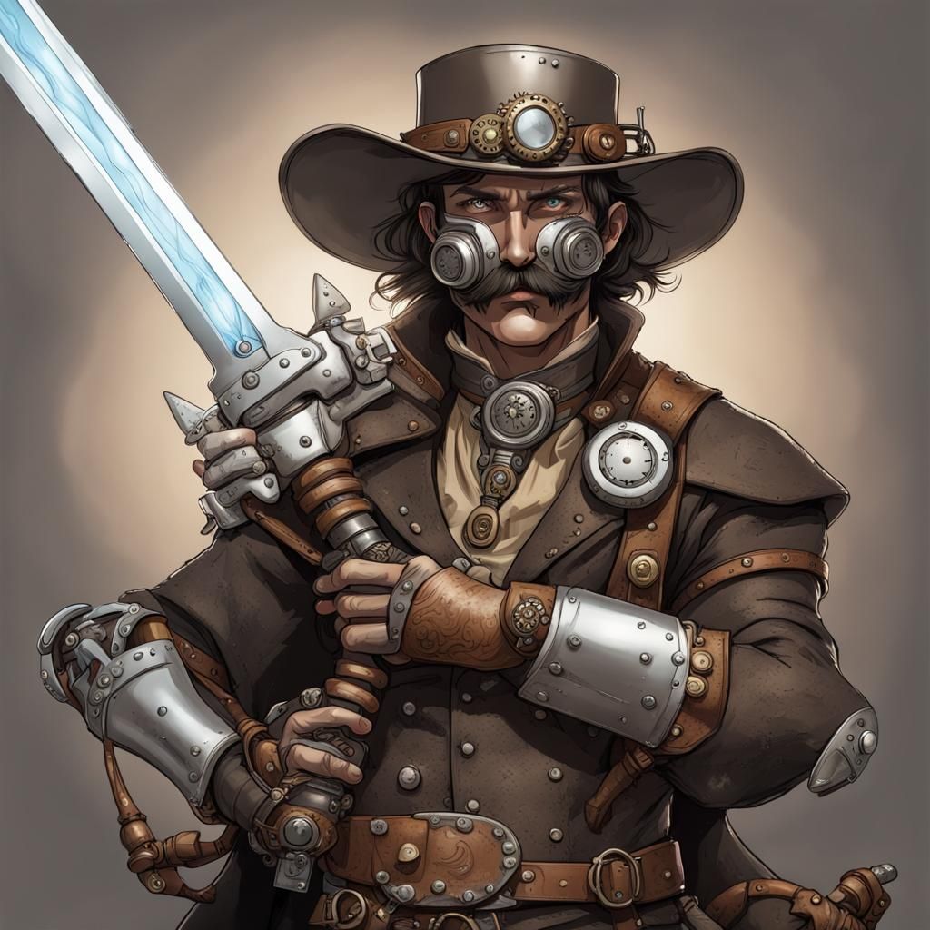 Steampunk Warrior with Electric Sword and Cowboy Hat