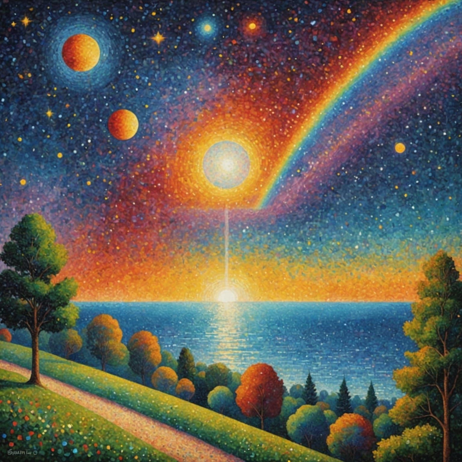 Cosmic Starship Approaching Rainbow Planet: Pointillism