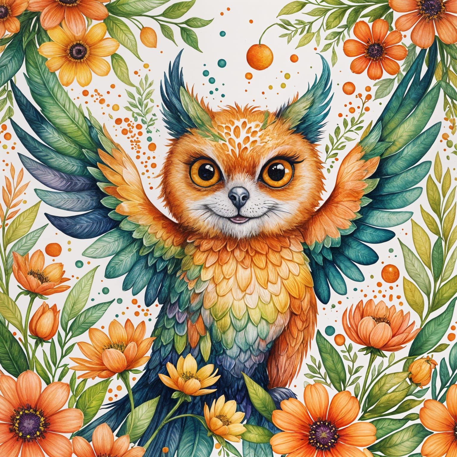 Whimsical Orange Feline Unicorn