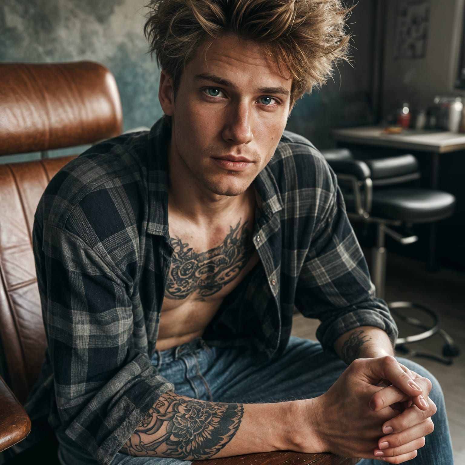 Young Man in Tattoo Studio: Hyperrealistic Editorial Photo
