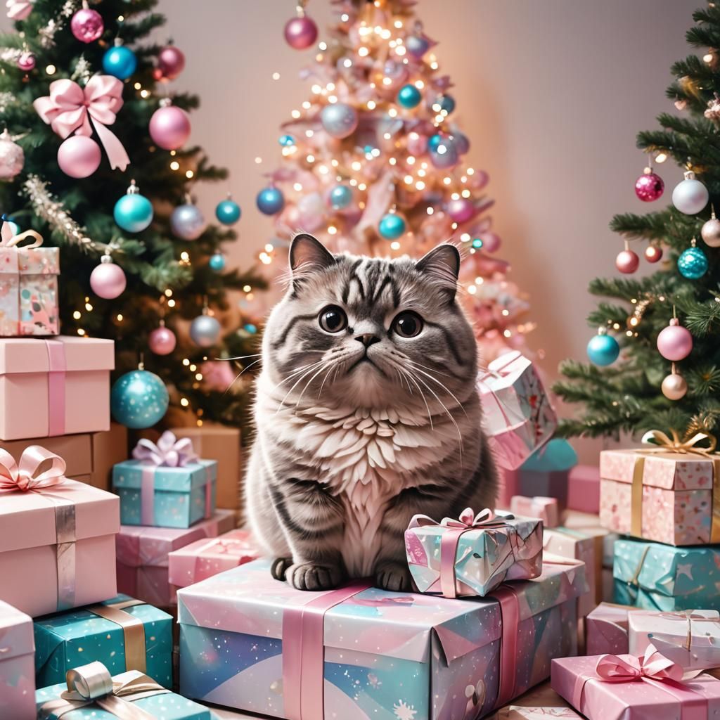 Pusheen Opens Christmas Present in Kawaii Style