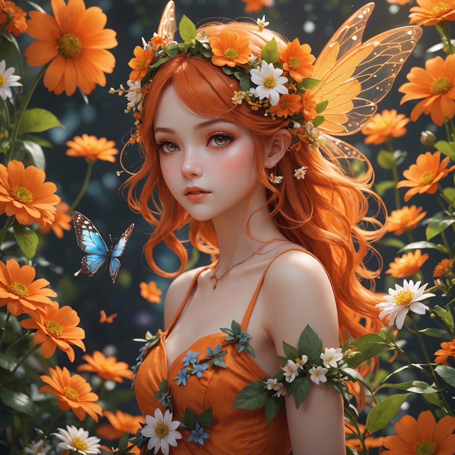 Orange Fairy with Flowers in Anime Style