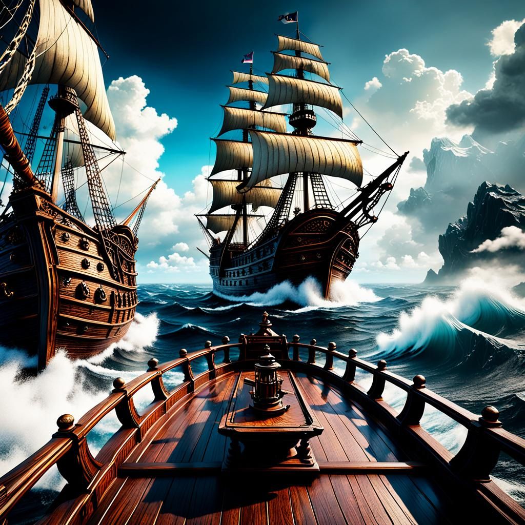 Pirate Galleon Sailing on Wavy Sea: Detailed Matte Painting