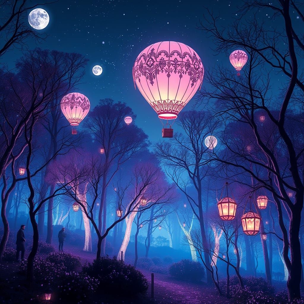 Celestial Fantasy Forest with Glowing Hot Air Balloons in Vi...
