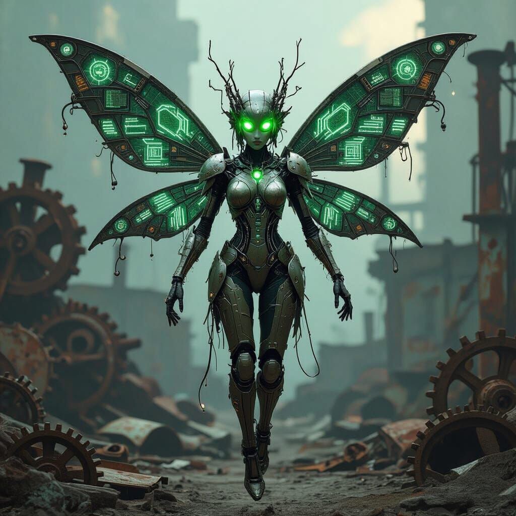 Steampunk Cyborg Fairy Hovering Over Junkyard