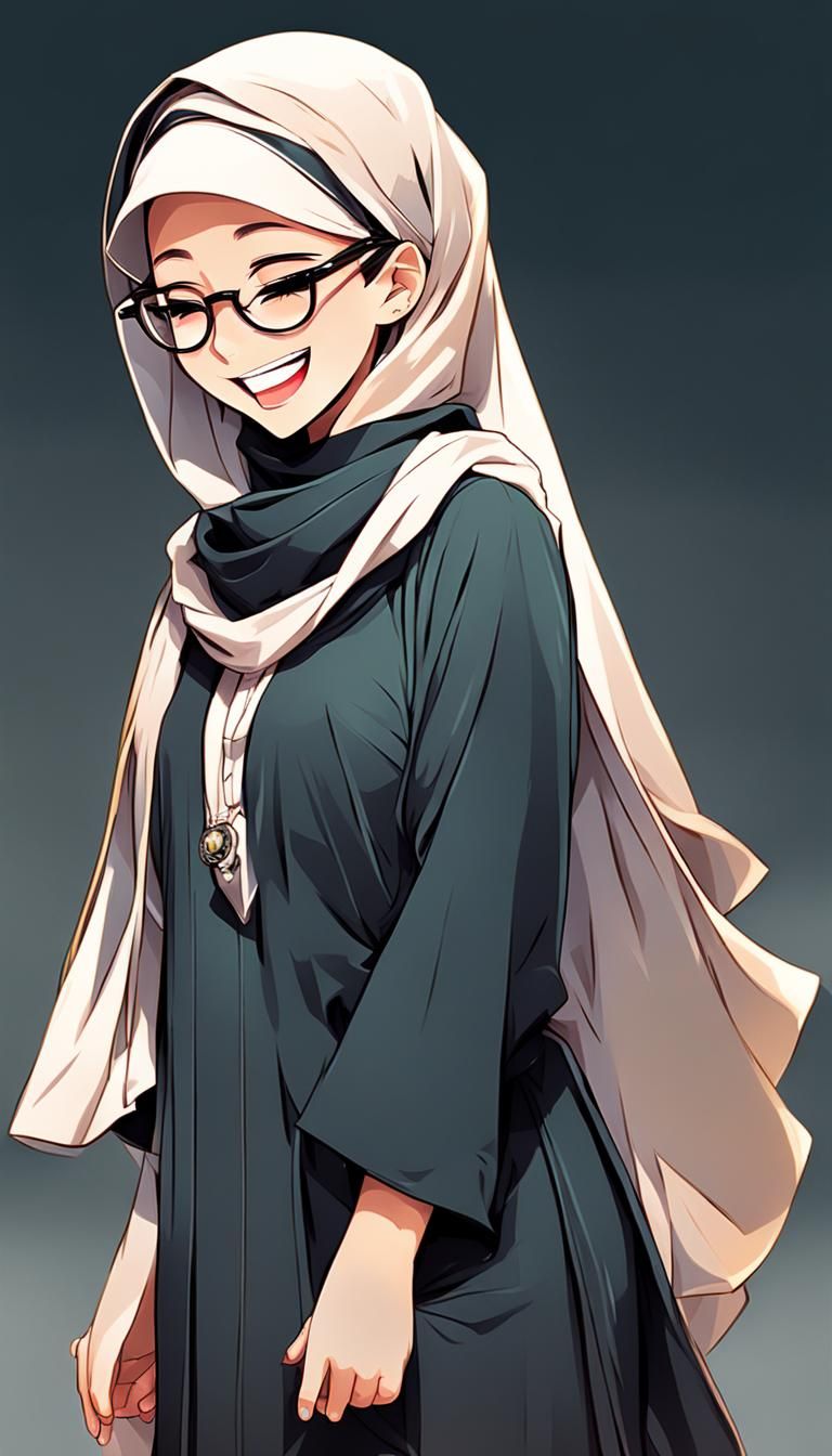 Anime Girl in Hijab Laughing Side Pose