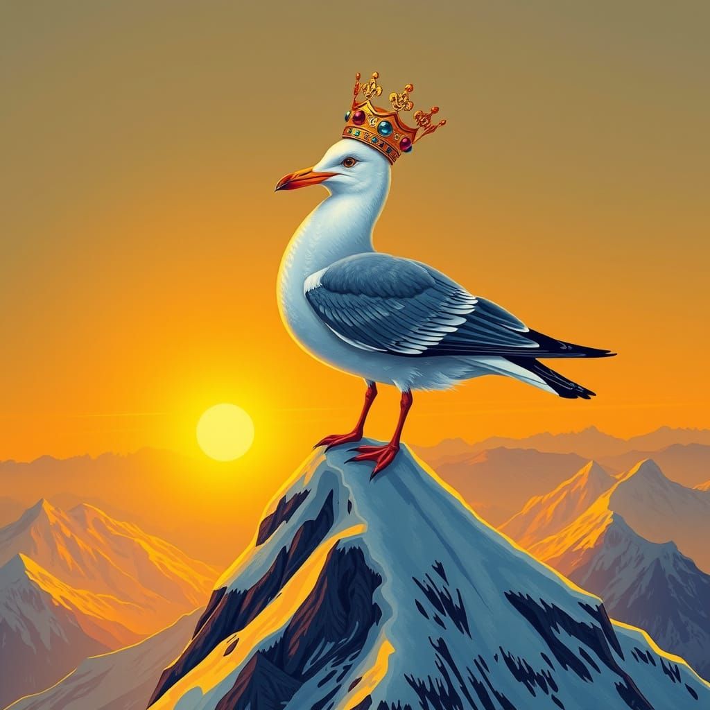 Crowned Seagull on Snowy Peak, Indonesian Folk Art