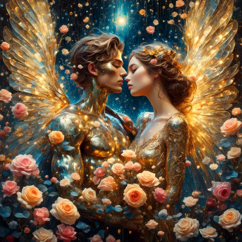 Angelic Couple Embrace in Art Nouveau Garden