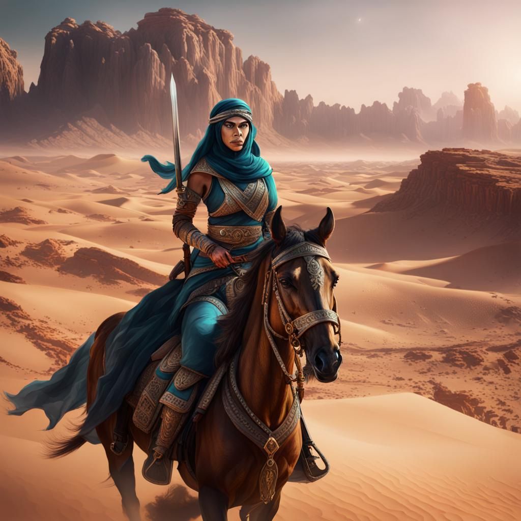 Arabian Warrior Women on Horseback in Desert
