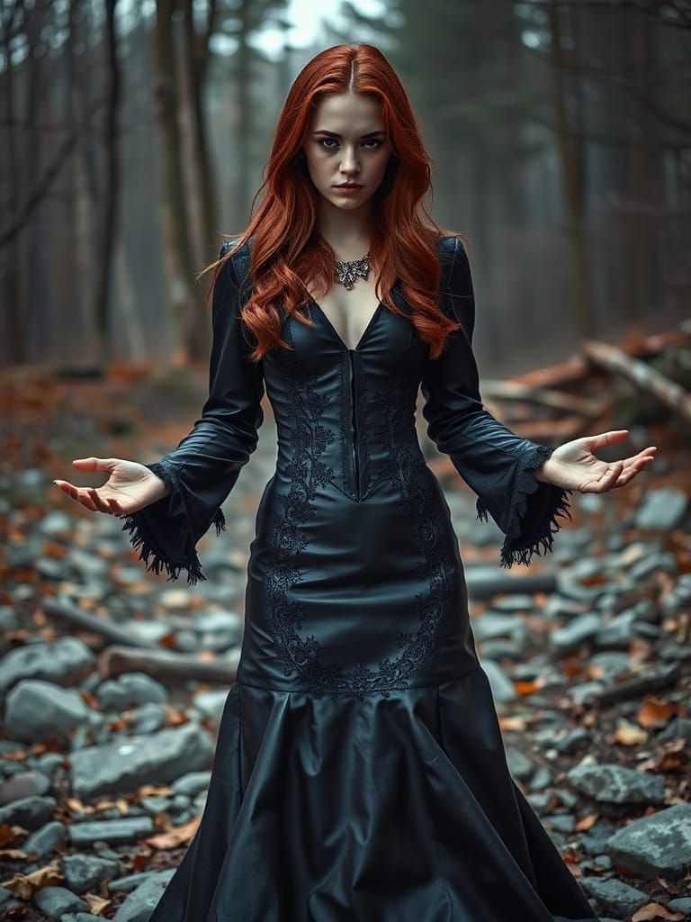 Gothic Woman in Dramatic Gown in Winter Forest