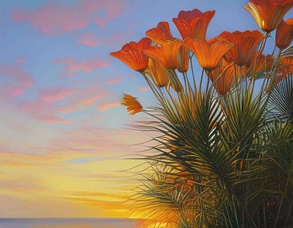 Tropical Sunset Paradise with Flowers in Hyperrealism