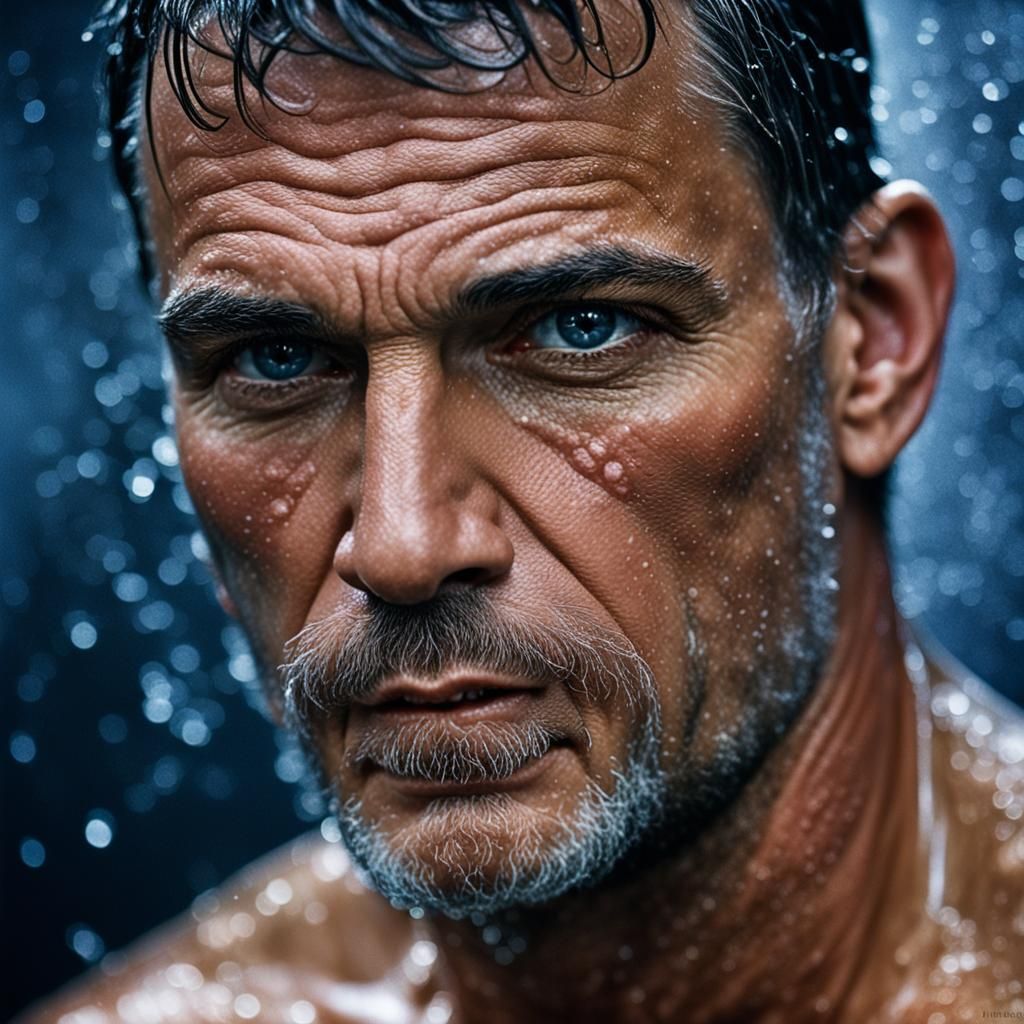 A very handsome man in soaking wet jeans and no shirt