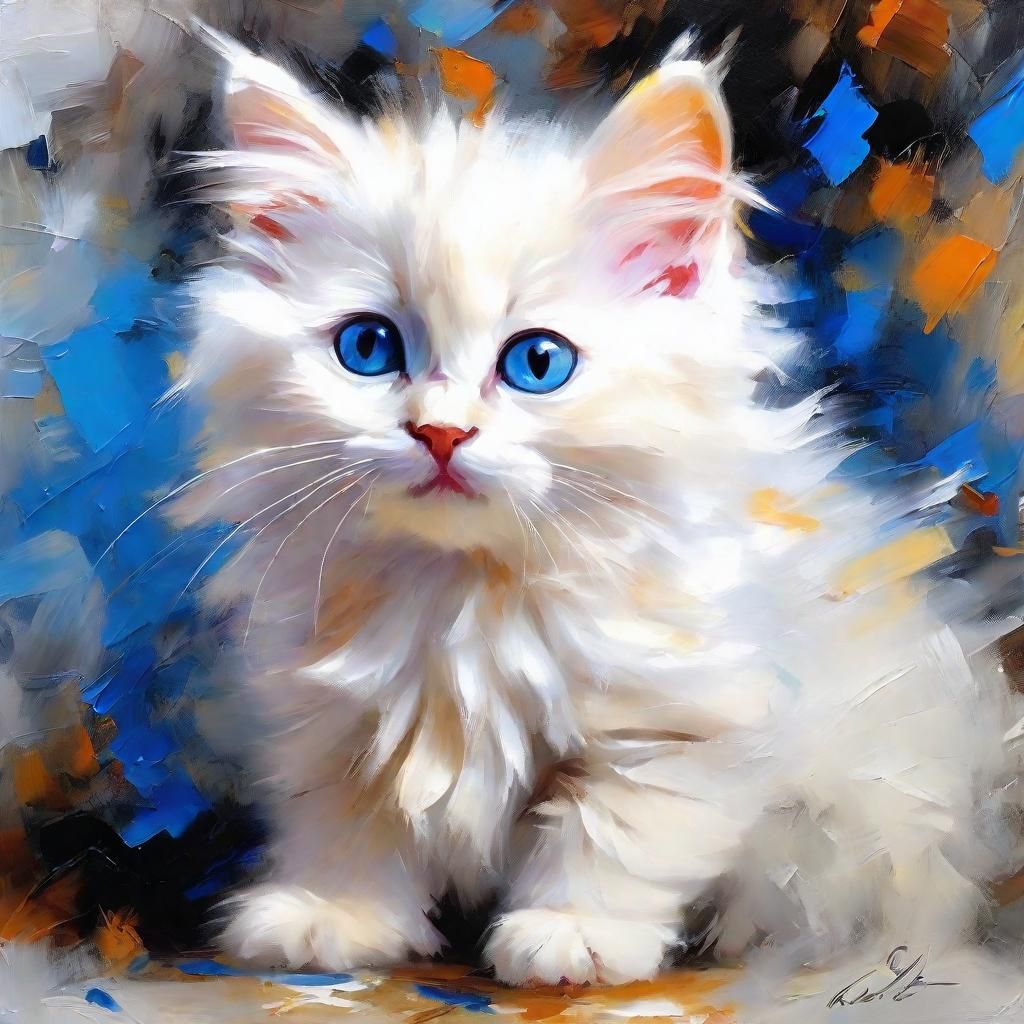 Colorful Kitten with Blue Eyes as Impasto Painting