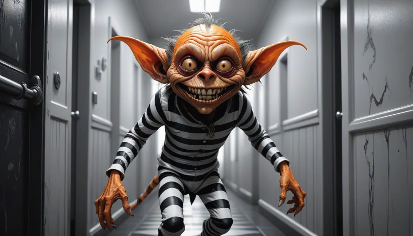 Whimsical Goblin in an Endless, Striped Abyss