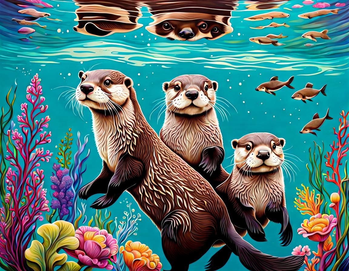 Whimsical Underwater Otters in Hyperdetailed Style
